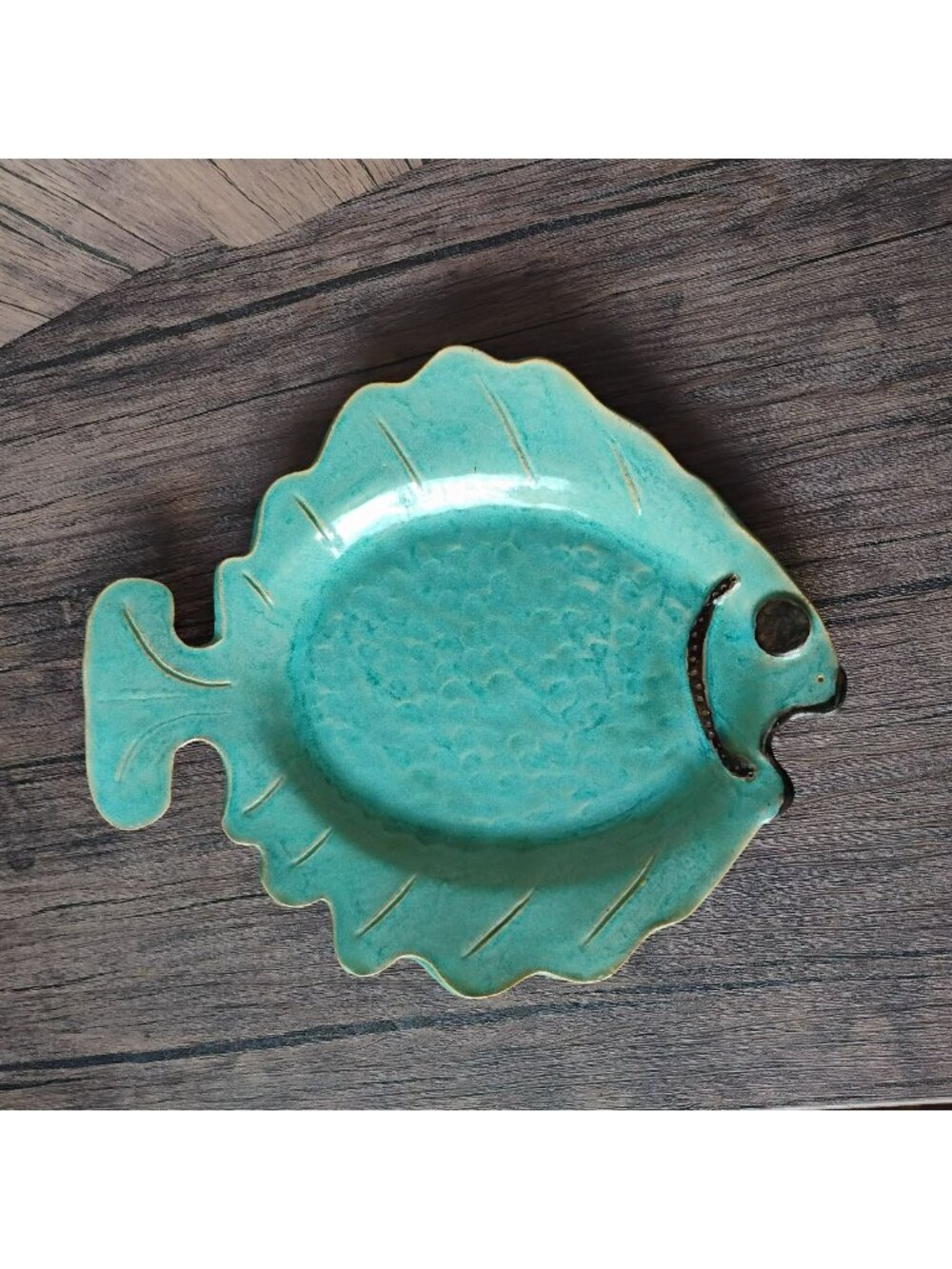 Handcrafted Turquoise Fish-Shaped Ceramic Plate 14" Vintage Signed Pottery Dish